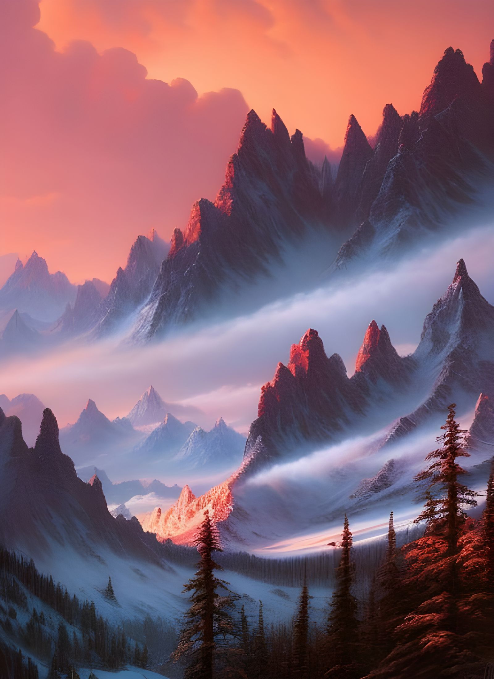 Snowcapped Mountains Under Red Sky, in Romantic Photorealism