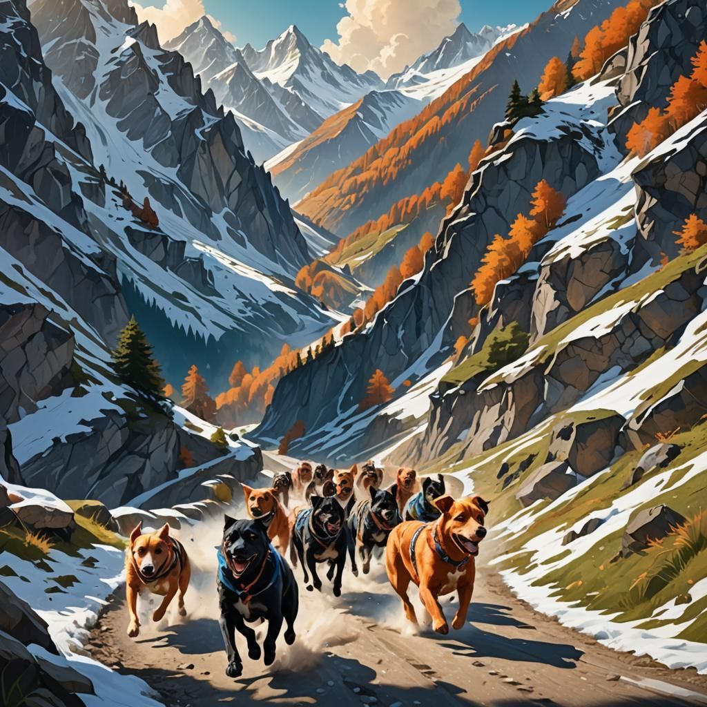 Dogs Race Down Mountain Path: Fantasy Concept Art