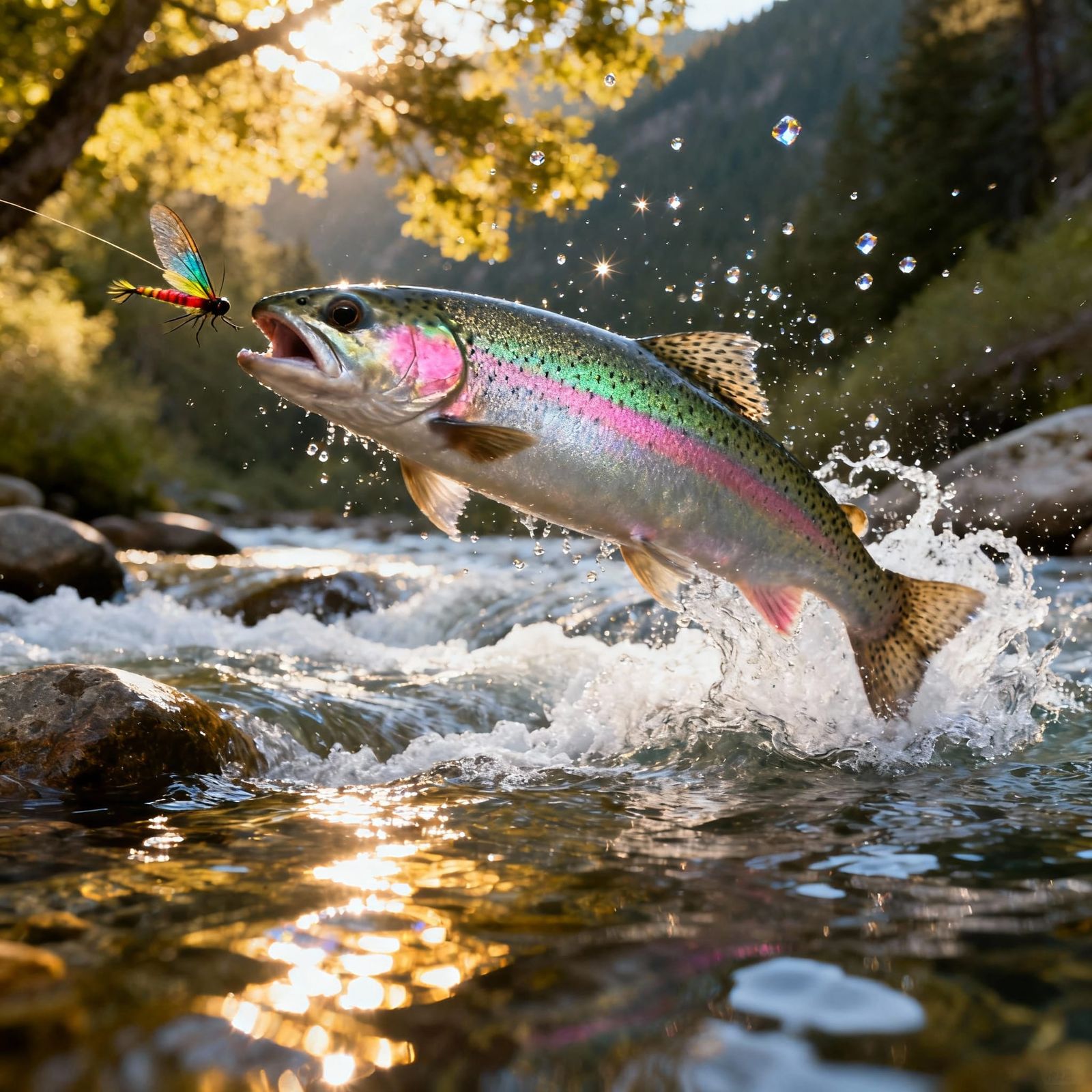Rainbow Trout Leaping from Mountain Stream in Golden Sunligh...