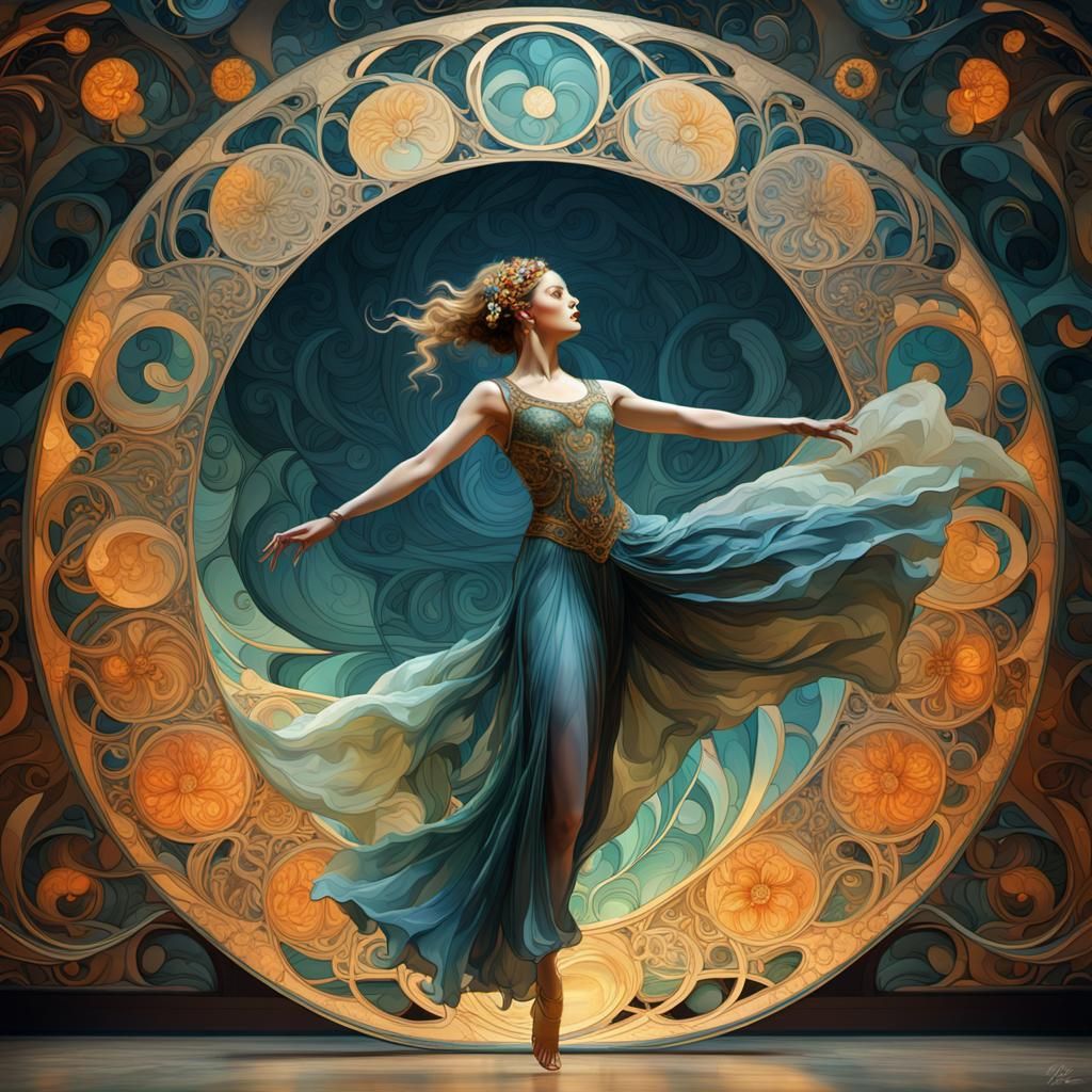 Dancer in Art Nouveau Style with Fractal Curves