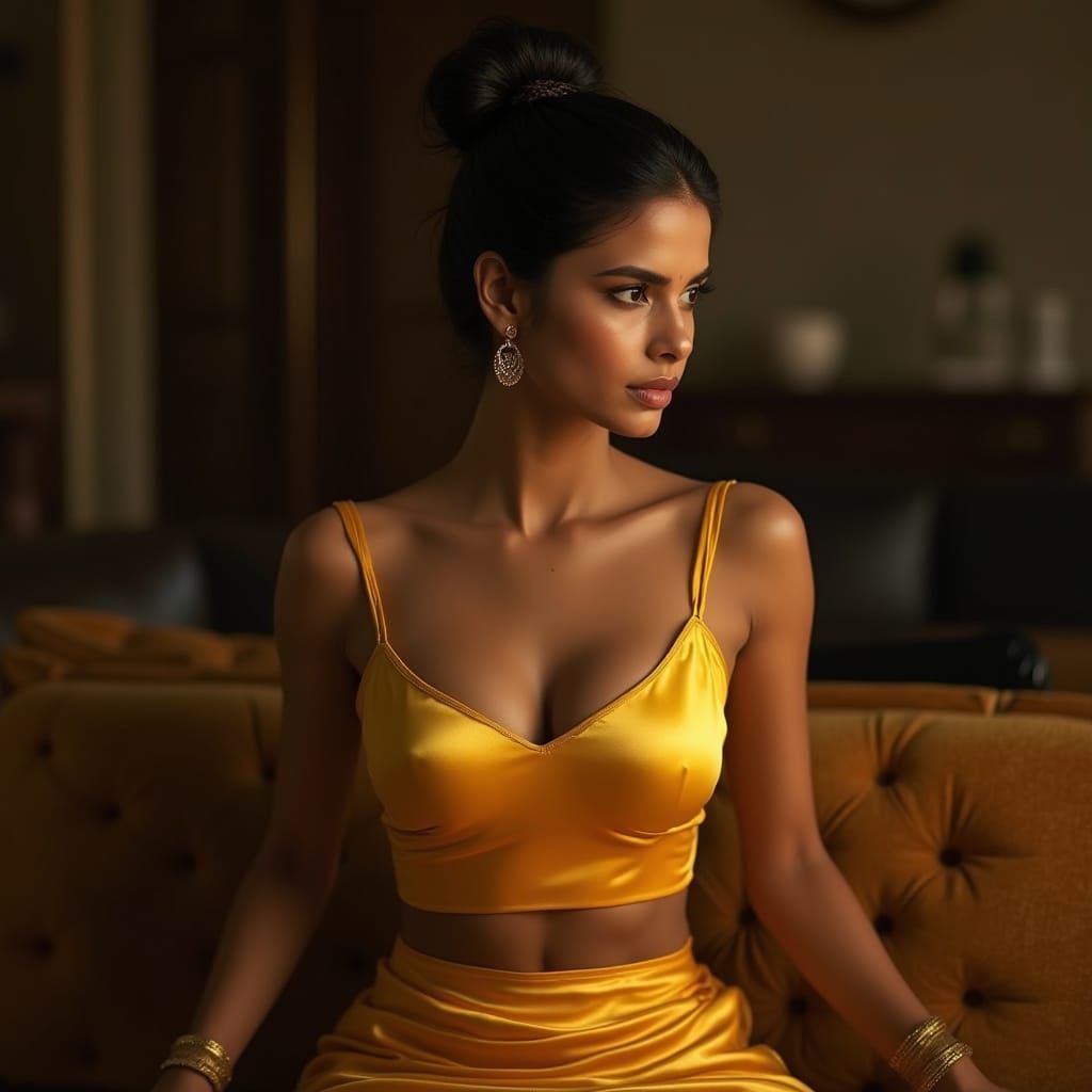 Stunning Indian Woman in Yellow Silk on Sofa