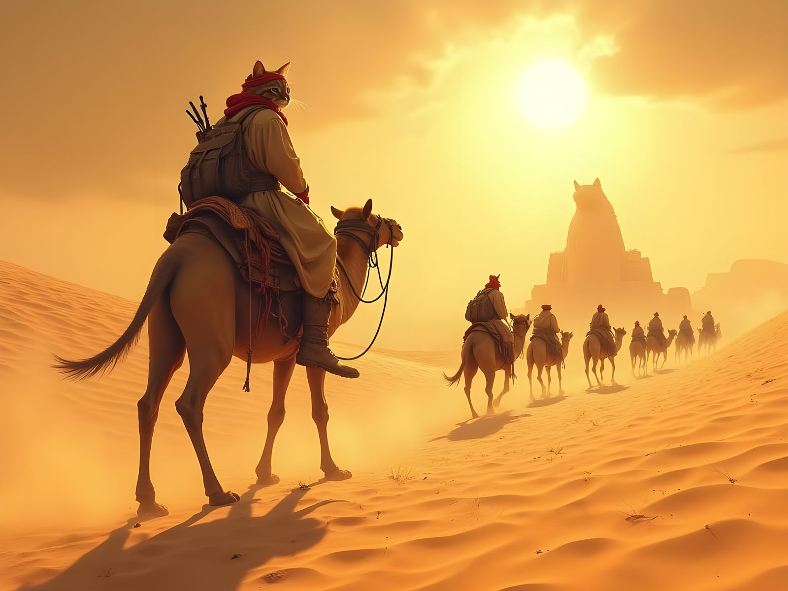 Cat Explorer Leads Desert Caravan, Cinematic Adventure