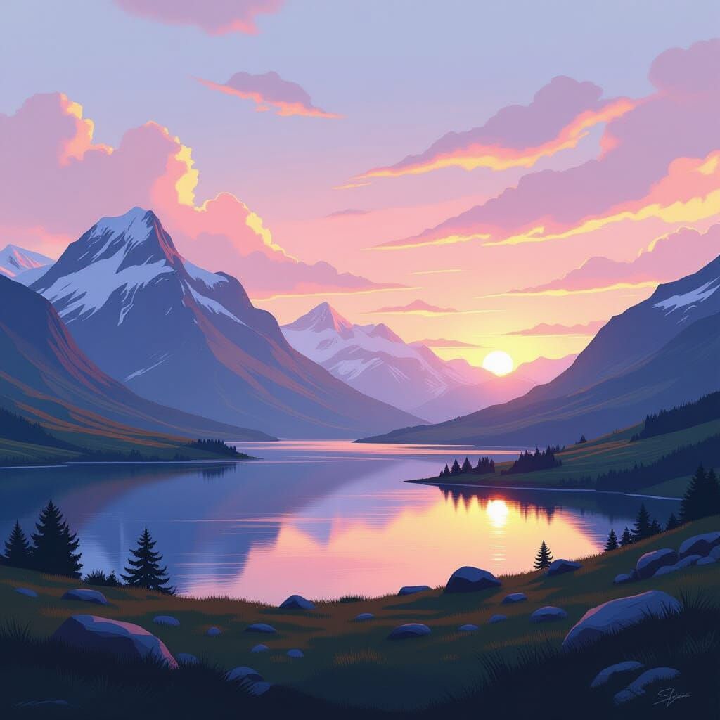 Ethereal Landscape with Mountains and Lake