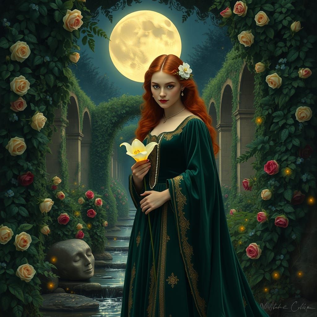 Emerald Noblewoman in Moonlit Garden: Pre-Raphaelite Style