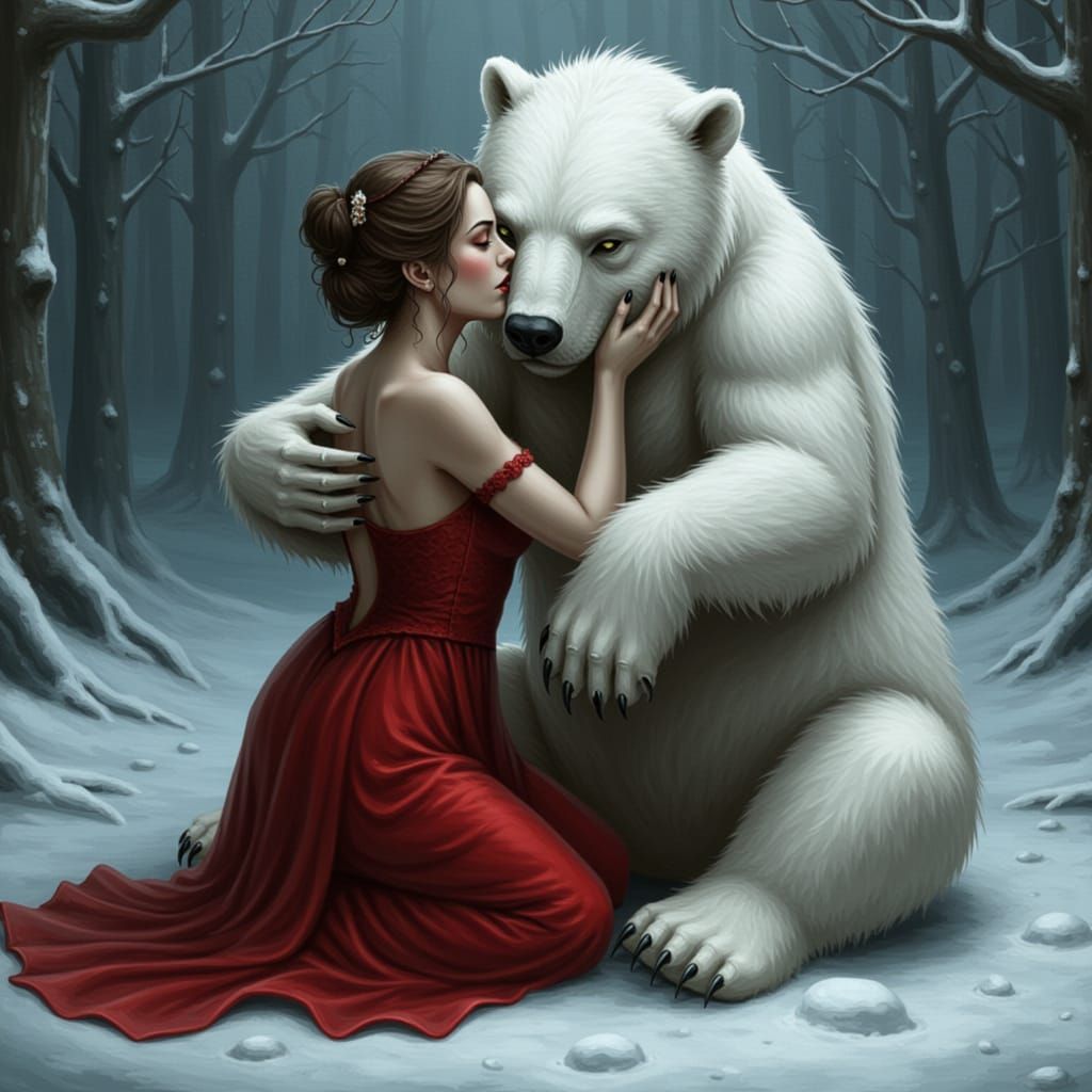 Gothic Oil Painting: Woman Hugs White Bear in Snowy Dreamsca...