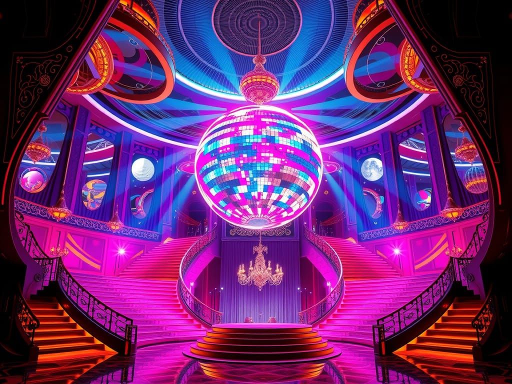 Grand Disco Ball in Retro-Futuristic Nightclub
