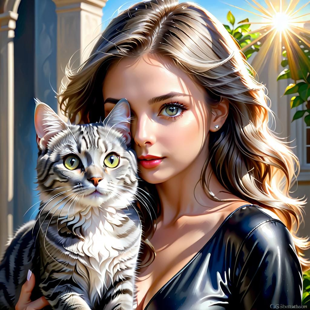 Tabby Cat and Muse Portrait, Digital Oil Painting