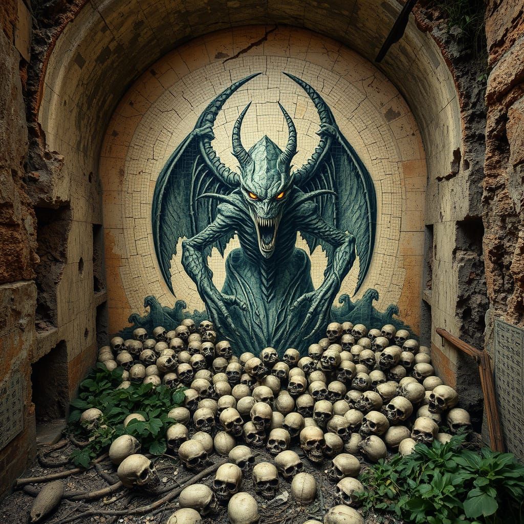 Weathered Mosaic Wall Depicts Fearsome Mythological Creature