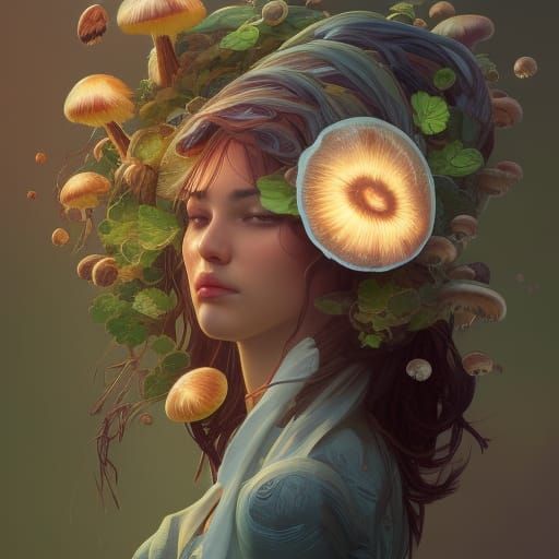 Mushroom Woman Portrait in Hyperdetailed Style