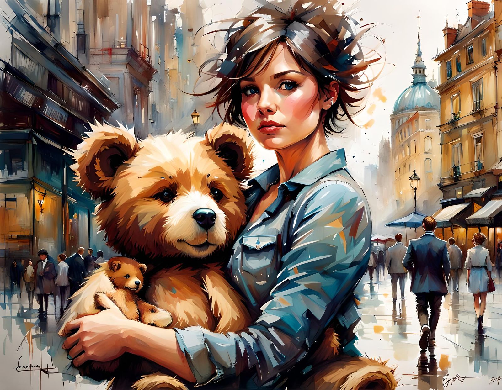 Business Girl with Teddy Bear, Detailed Digital Art
