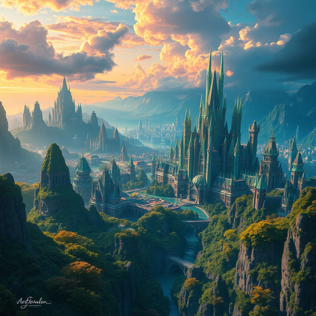 Lush Emerald Cityscape in High-Fantasy Style