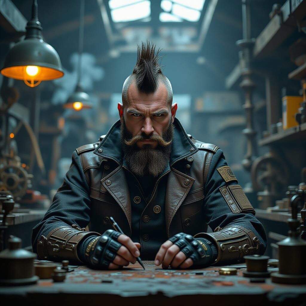 Steampunk Man with Mohawk in Detailed Oil Painting