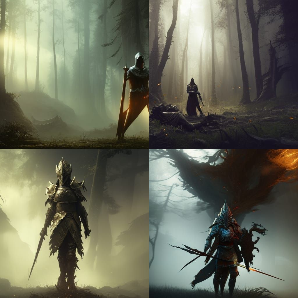 Knight Victorious in Burning Forest: Dark Fantasy Art