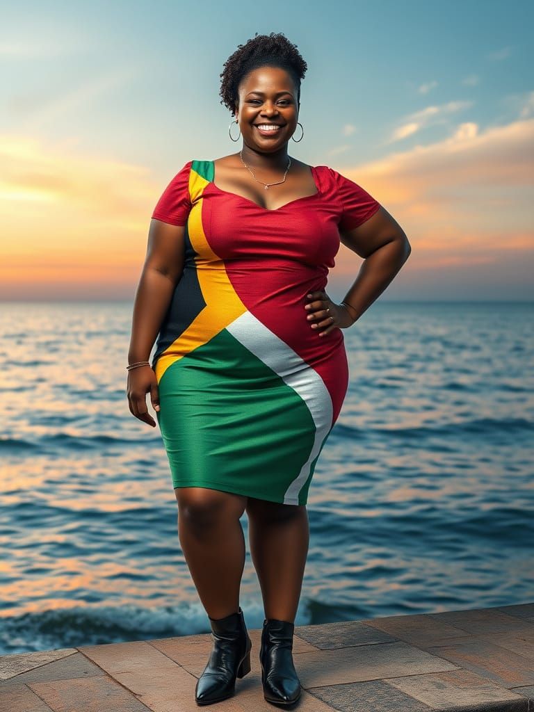 South African Woman In Miniature Dress By Sea