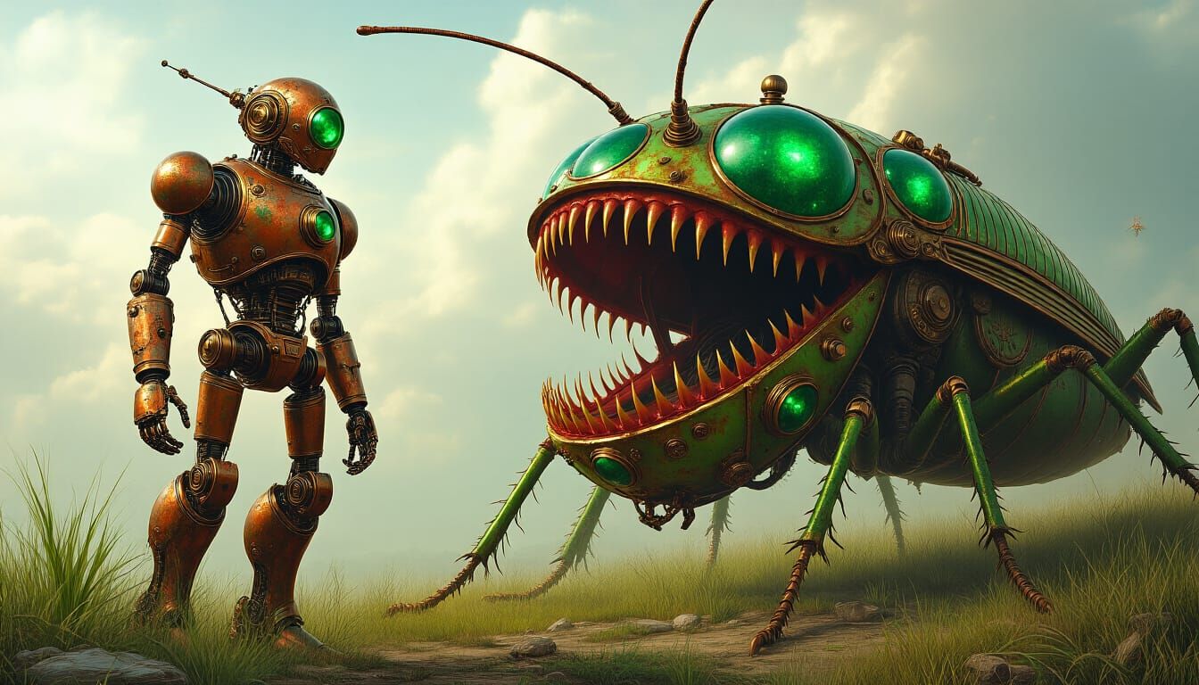 Steampunk Robot Meets Emerald Venus Flytrap-Grasshopper