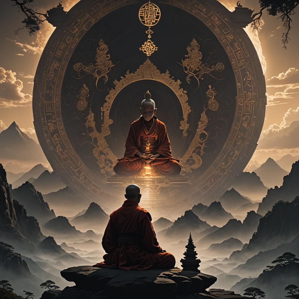 Vajrayana Monk Meditating in Silhouette: Digital Matte Paint...