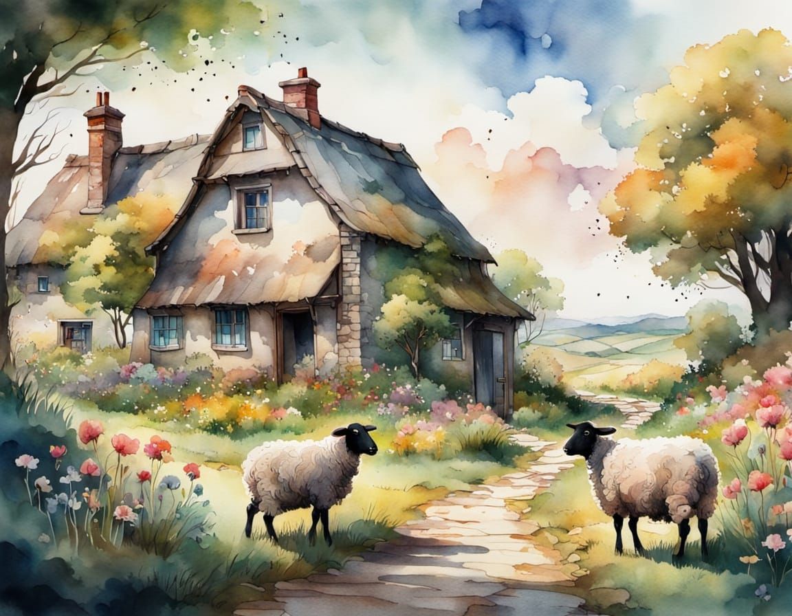 Watercolor Cottage with Sheep in Vivid Countryside
