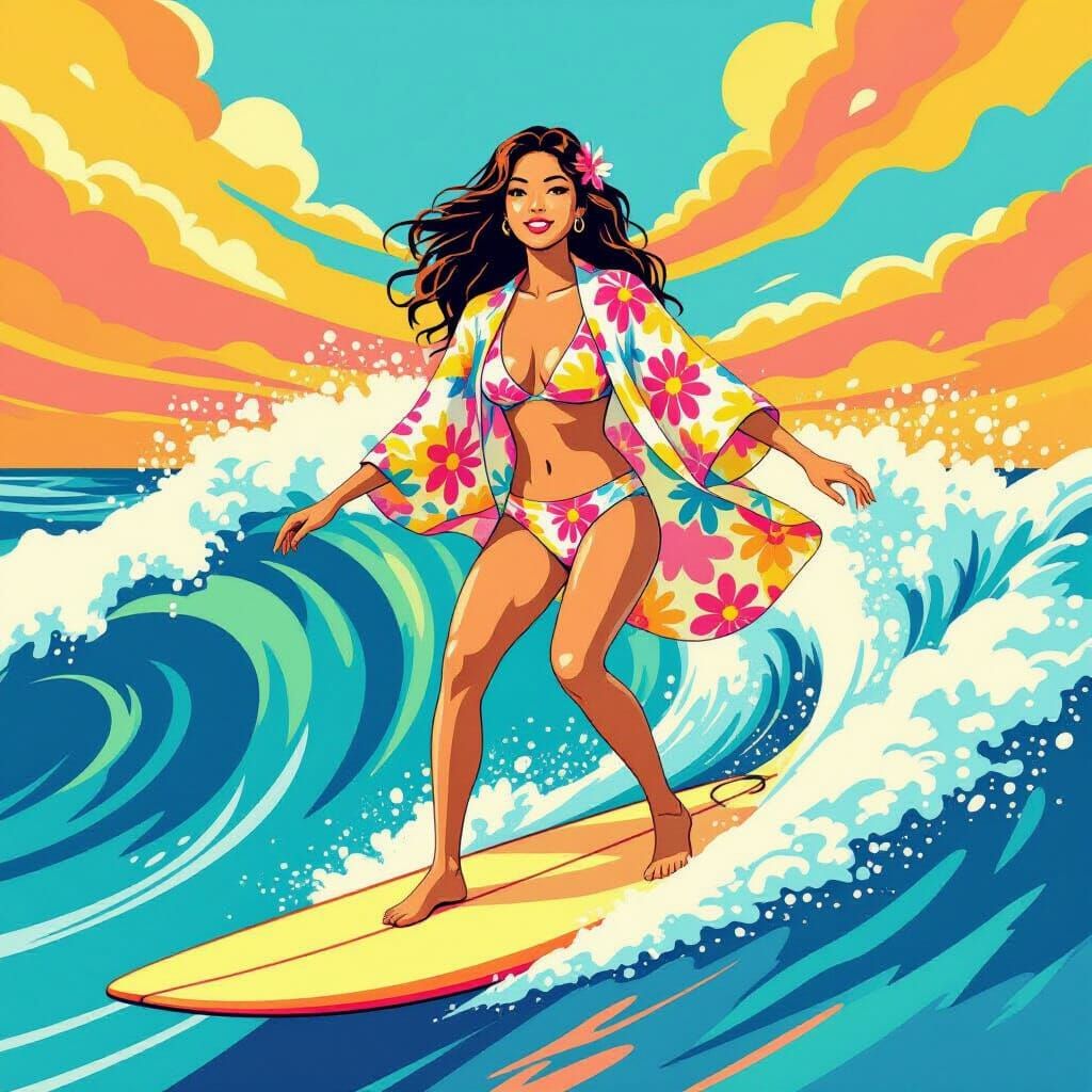 Woman Surfing Hawaiian Waves in Vibrant Cover-Up
