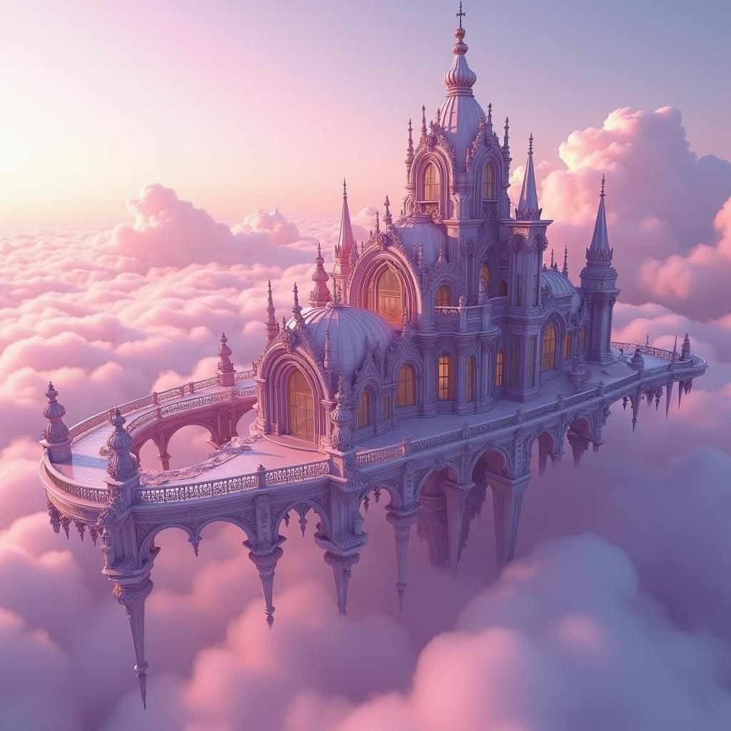 Gucci-Inspired Flying Mansion in Pink and Purple Skies