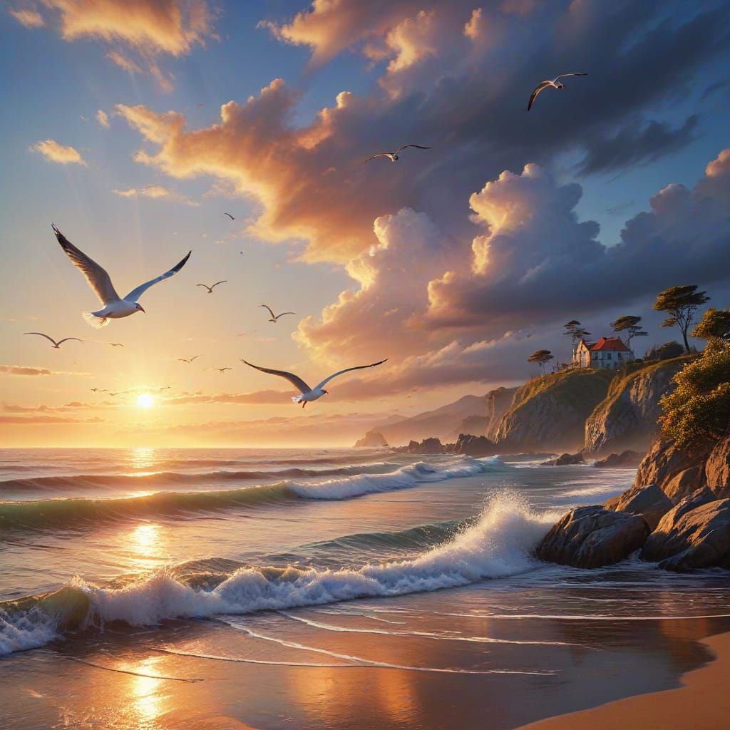 Dreamy Summer Landscape with Seagulls at Dawn