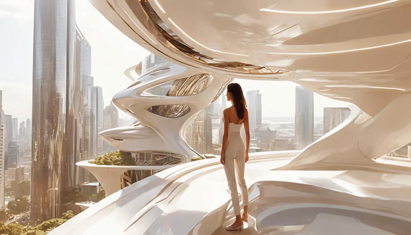 Futuristic Cityscape View with Woman in White