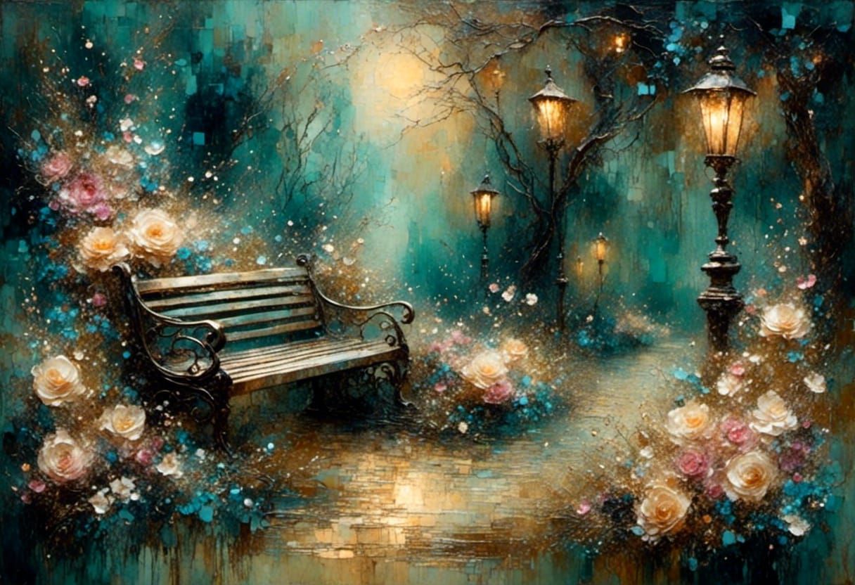 Floral Garden Bench in Dreamy Impressionist Style