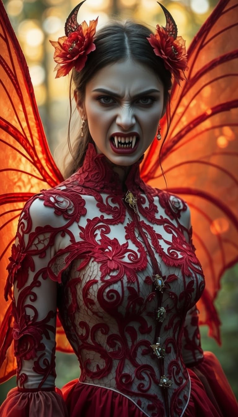 Aggressive Vampire Woman with Vampire Teeth