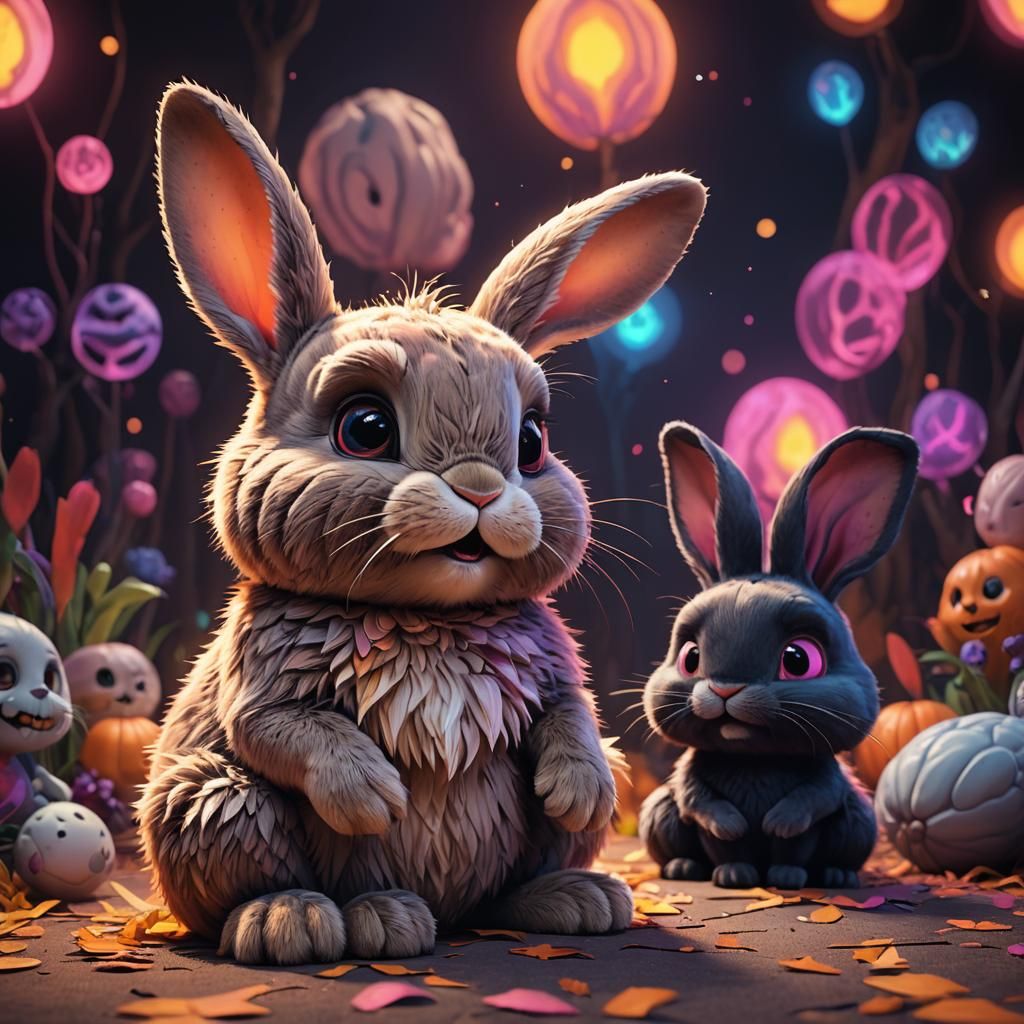 Cute Bunny Next to Scary Bunny in 3D