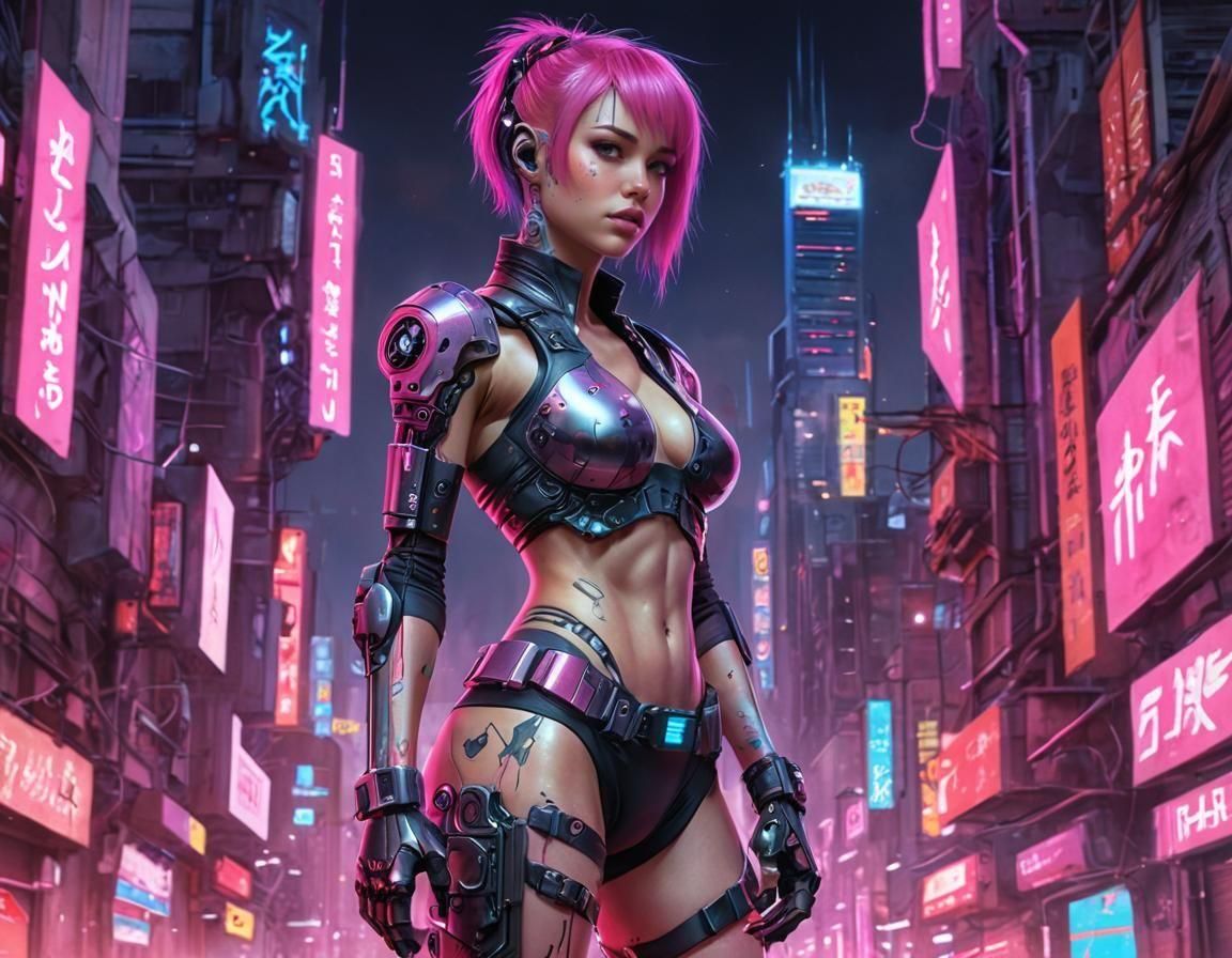 Pink-Haired Cyborg Girl Portrait in Watercolor