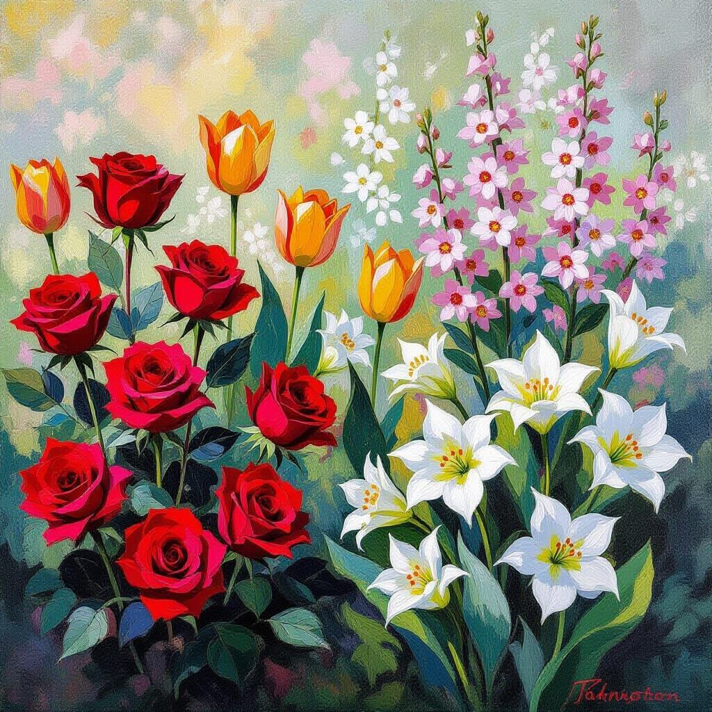 Lush Garden Scene in Impressionist Style