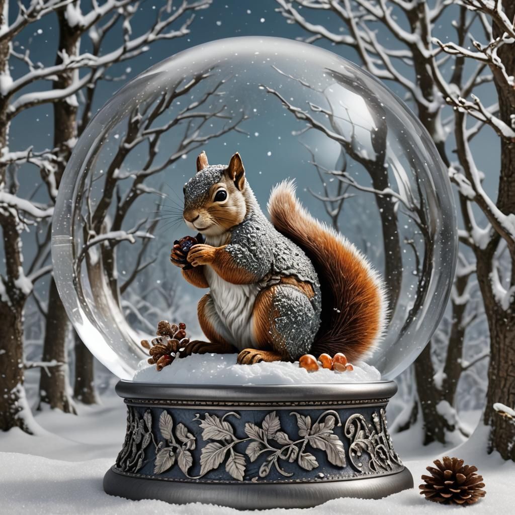 Auburn Squirrel in Snowy Snow Globe