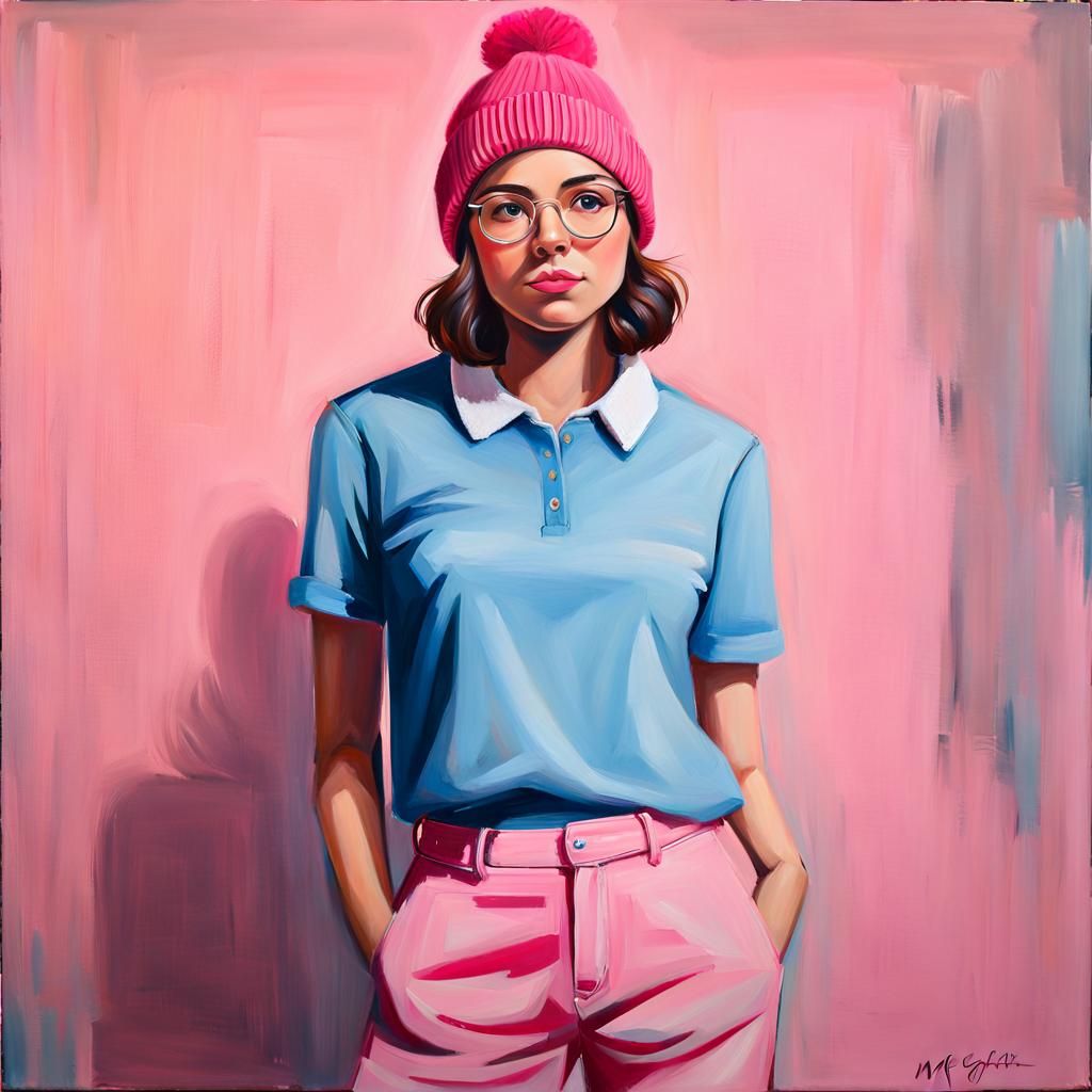 Teenage Girl in Pink Beanie and Blue Pants in Earthy Tones