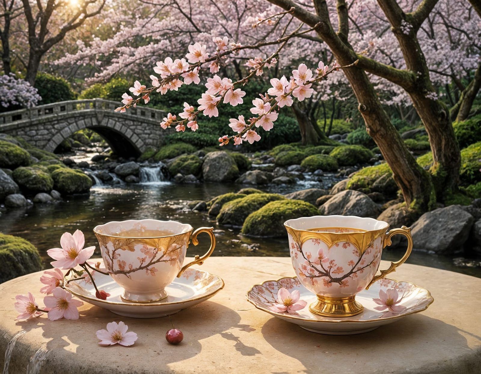 Cherry Blossom Tea Cup Scene in Whimsical Victorian Style