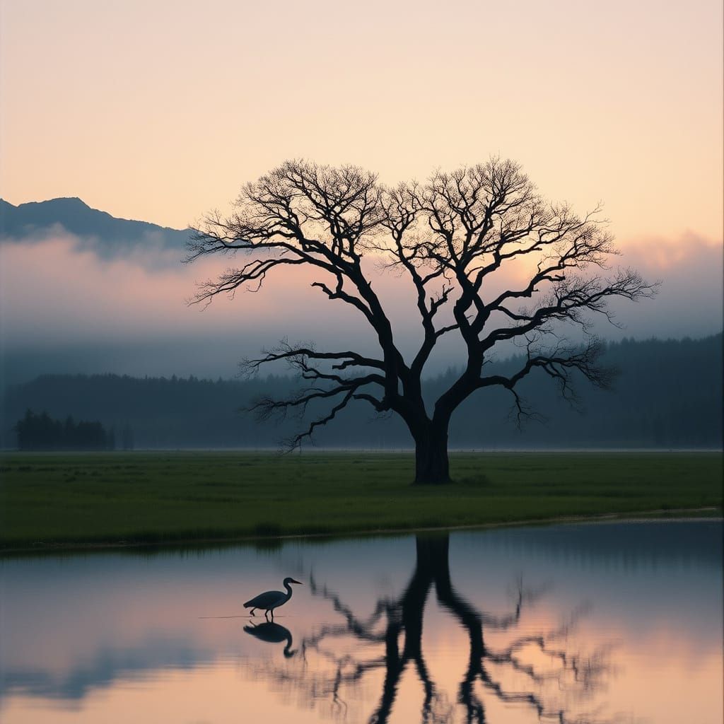 Serene Dawn Landscape with Ancient Tree