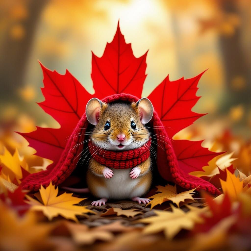 Tiny Mouse in Crimson Scarf Under Maple Leaf