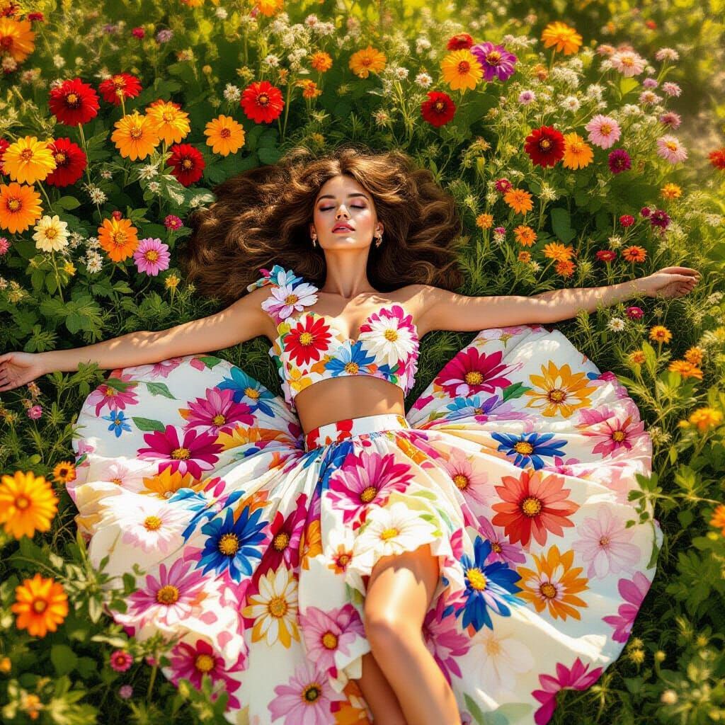 Model in Flower Garden, Painterly Alphonse Mucha Style