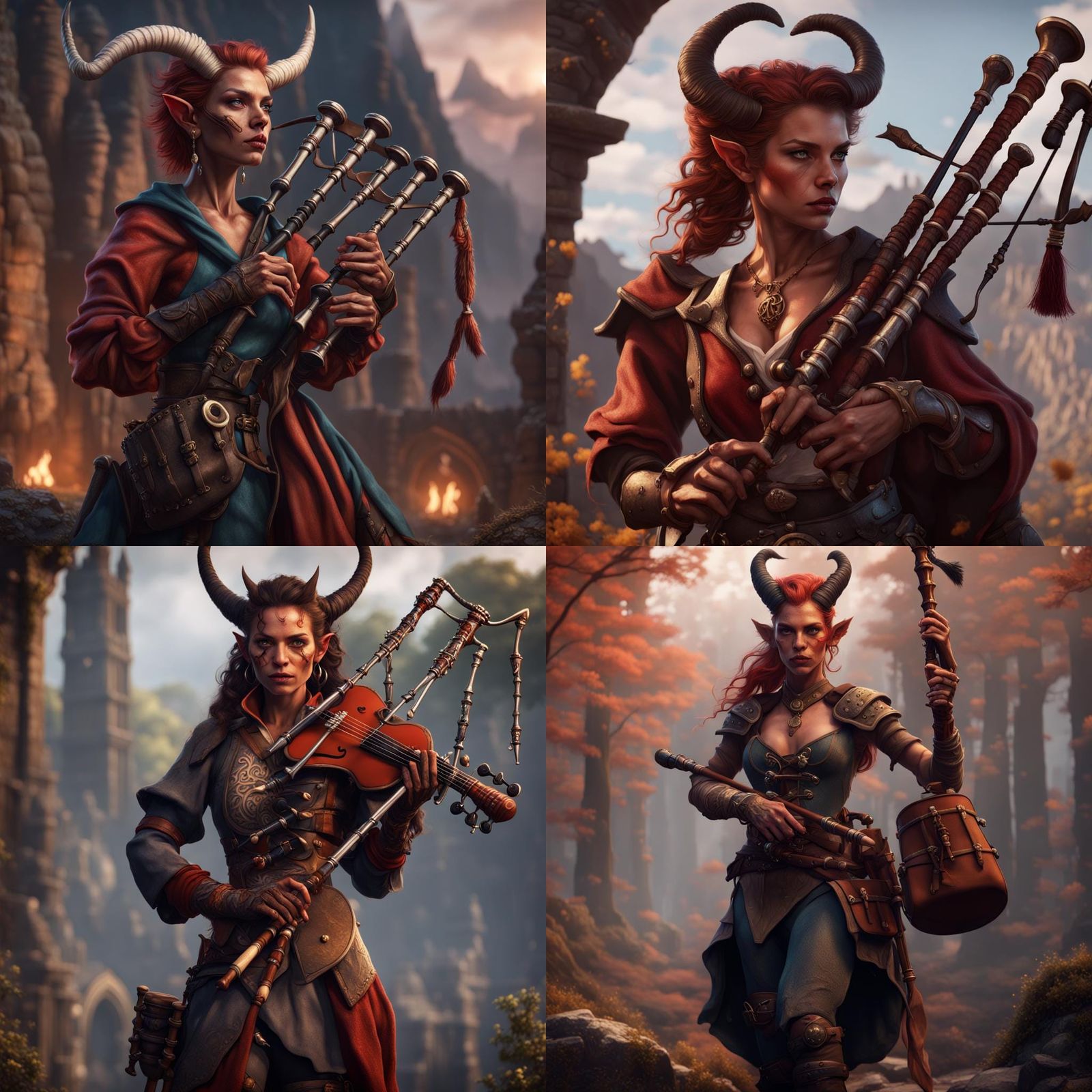 Tiefling Bard with Sword and Bagpipes, Fantasy Art