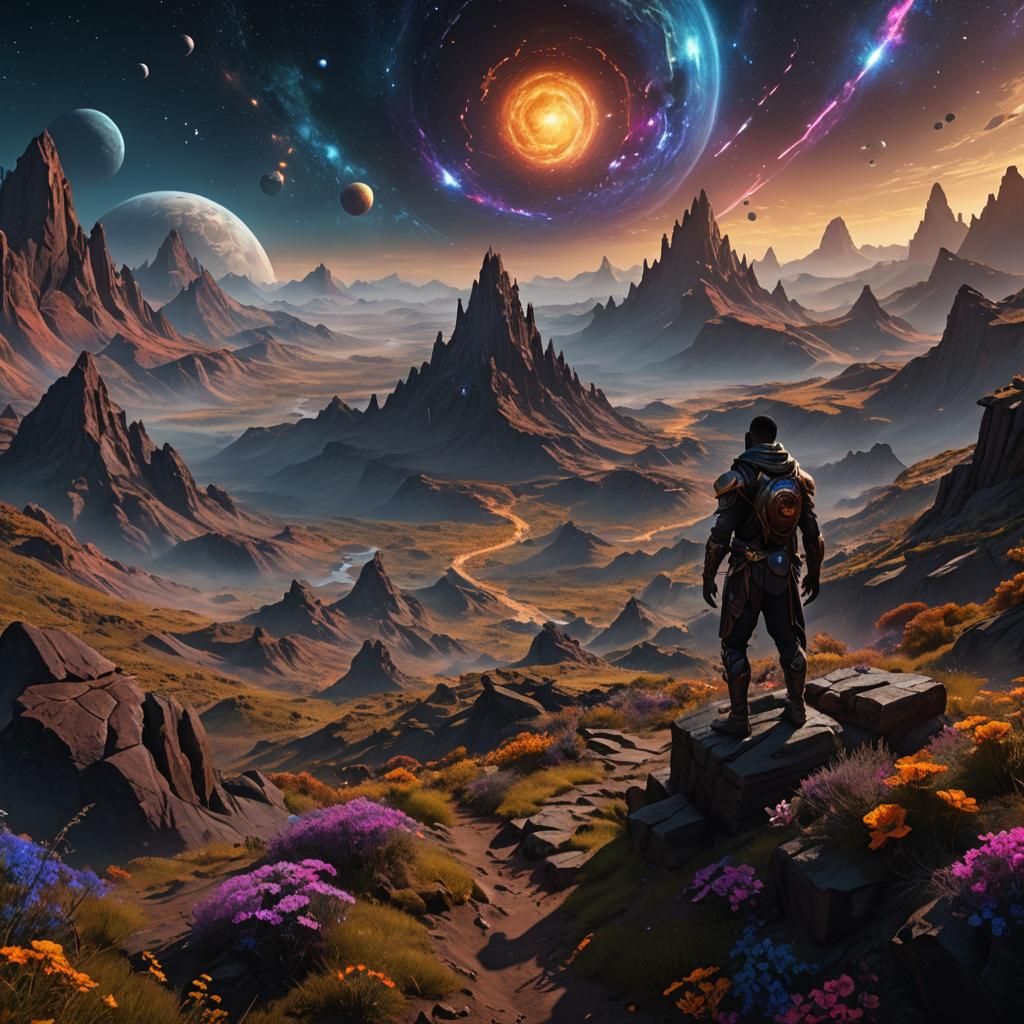 Masculine Figure Ascending Through Vibrant Cosmos