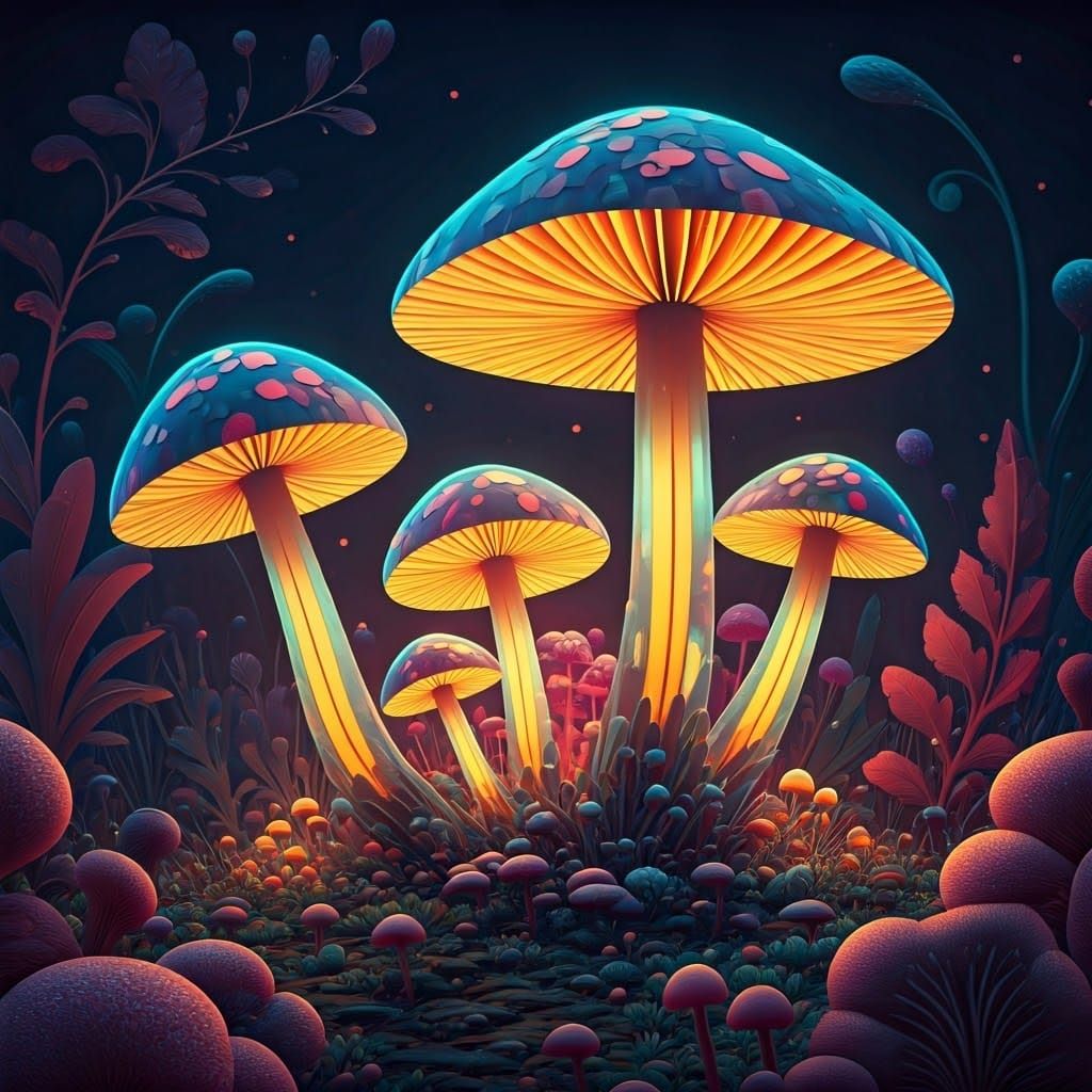 Glowing Mushrooms in a Surreal Digital Illustration