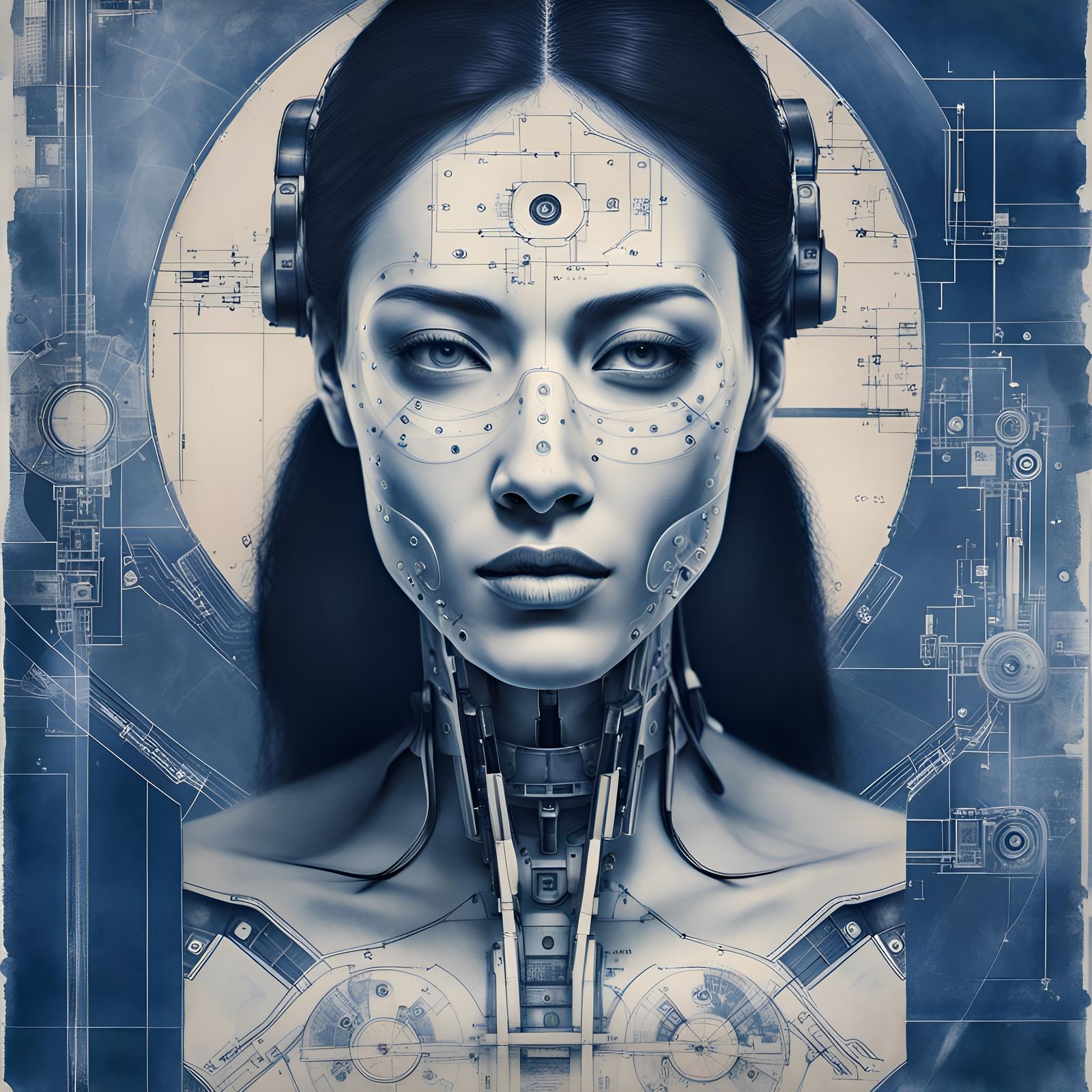 Cyborg Blueprint in Cyanotype Fine Art