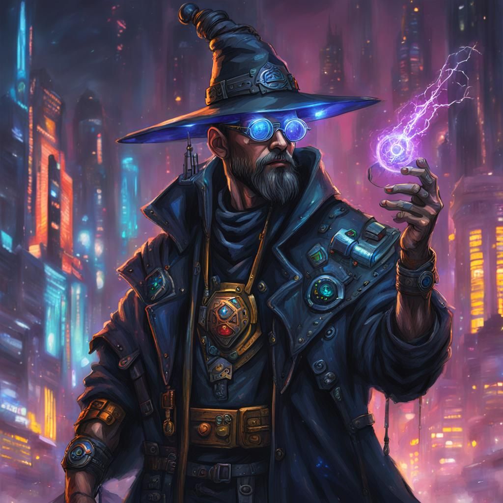 Cyberpunk Wizard Casting a Spell in Neon City