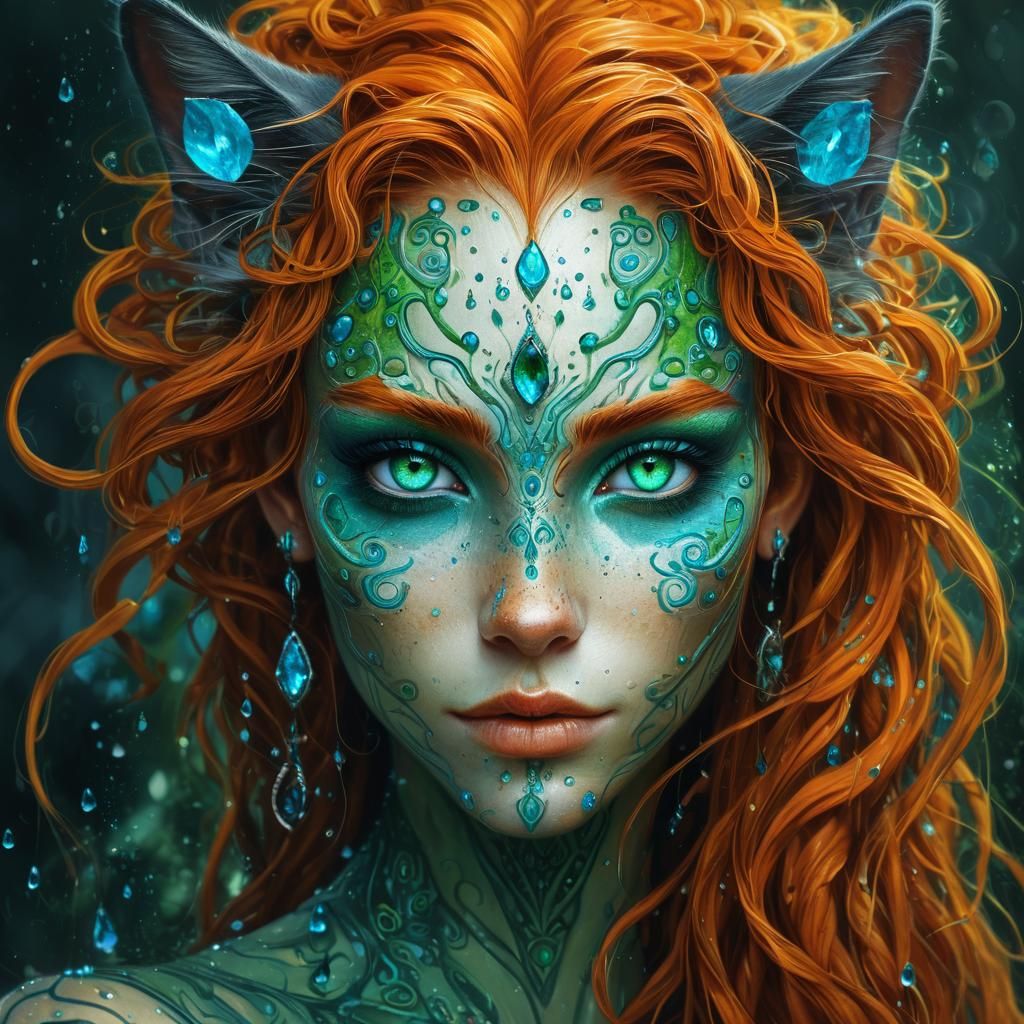 Ethereal Cat-like Woman in Dark Fantasy Gown