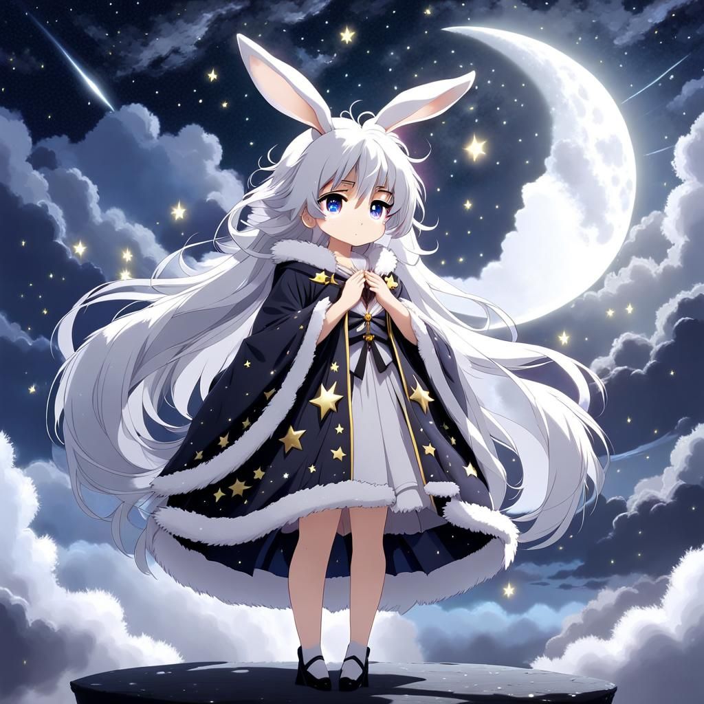 Anime Rabbit on Moon with Falling Stars