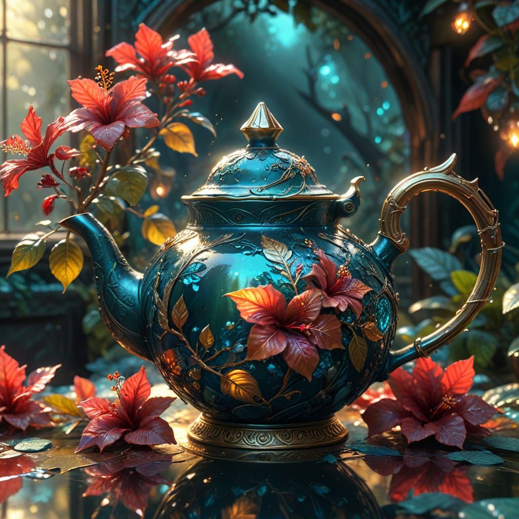 Crystal Teapot with Hibiscus Flowers in Fantasy Art