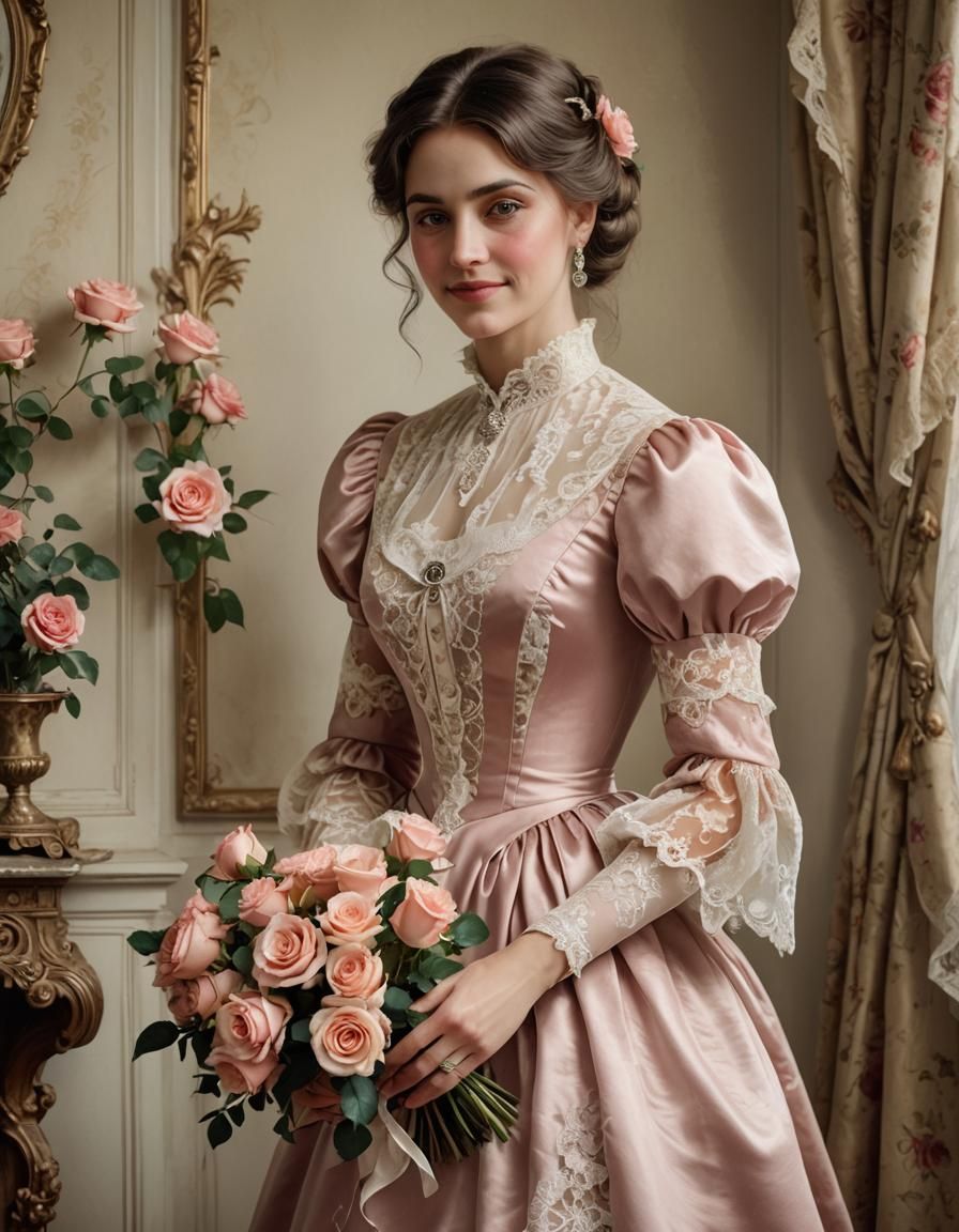 Victorian Woman with Roses in Satin and Lace Dress