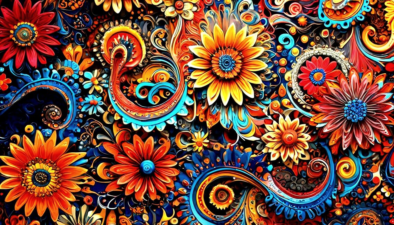 Vibrant 3D Abstract with Gradient Colors and Flowers