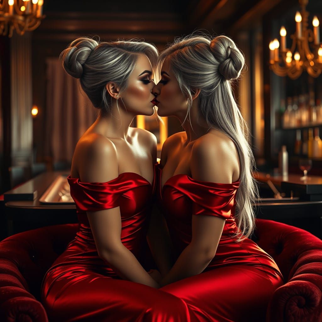 Sultry Women Share a Passionate Kiss in a Luxurious Bar