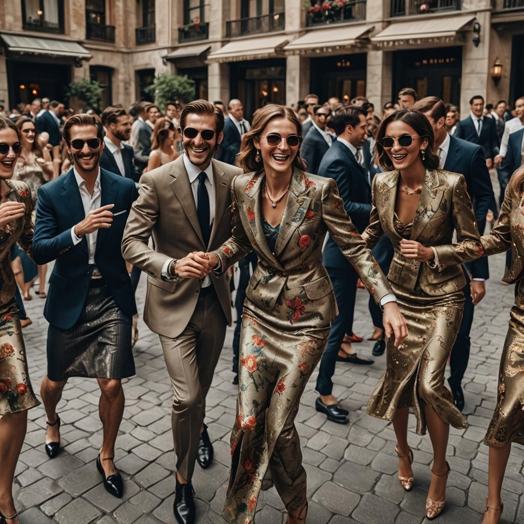 People Celebrating in Gucci Suits and Dresses