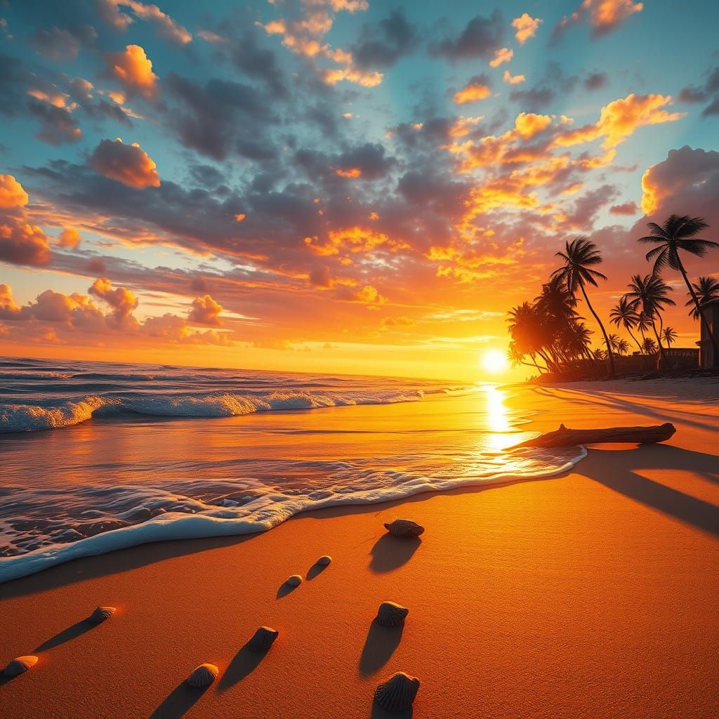 Surreal Beach Sunset with Kaleidoscope Skies and Golden Wave...