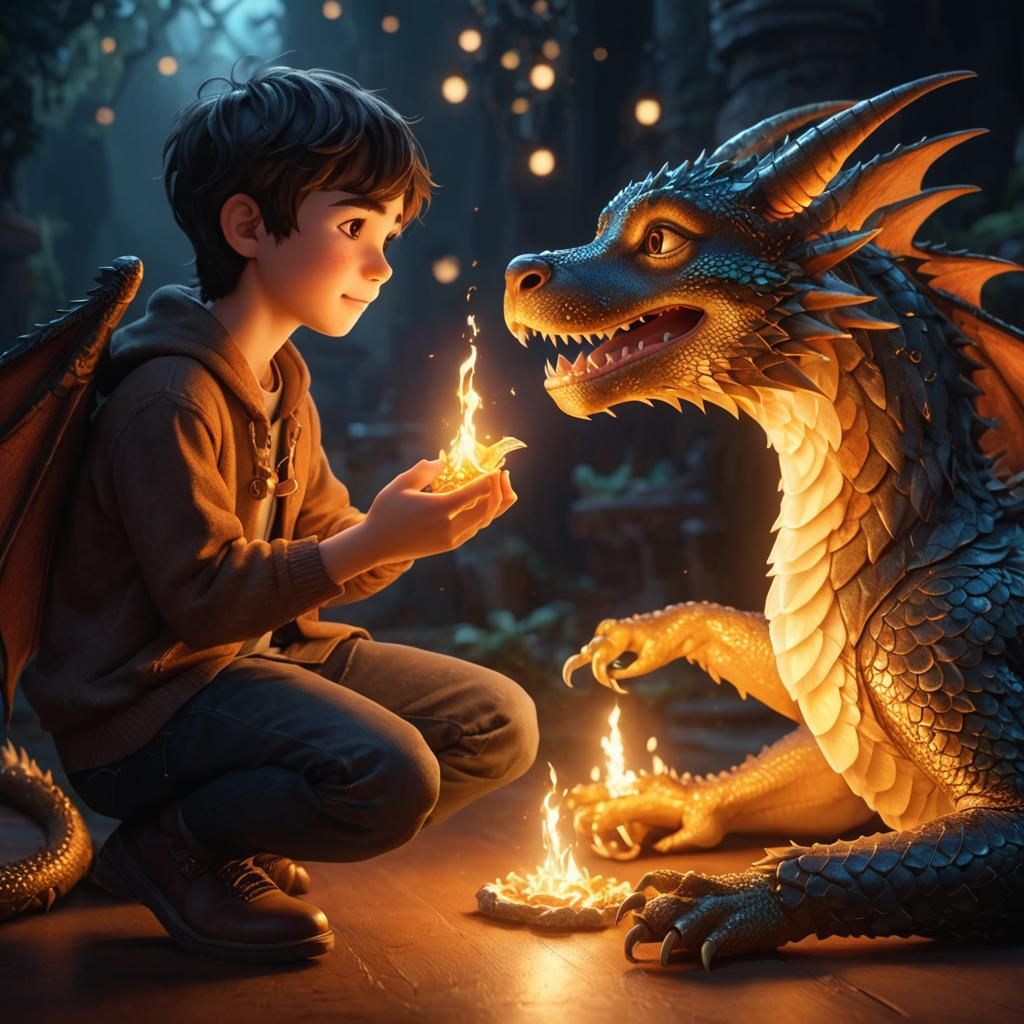 Boy and Dragon: Pixar-Inspired Affection